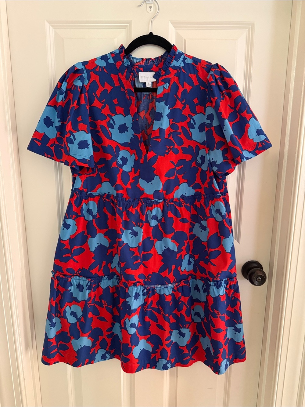 Sugarlips Blue and Red Floral Tiered Mini Dress with Pockets